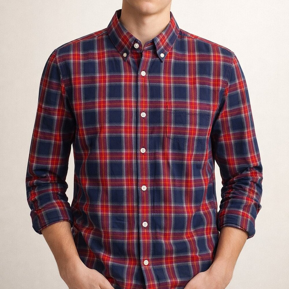 GAP Red Blue Plaid Men's Med Collared Button-Down Shirt Pocket Slim Cotton New